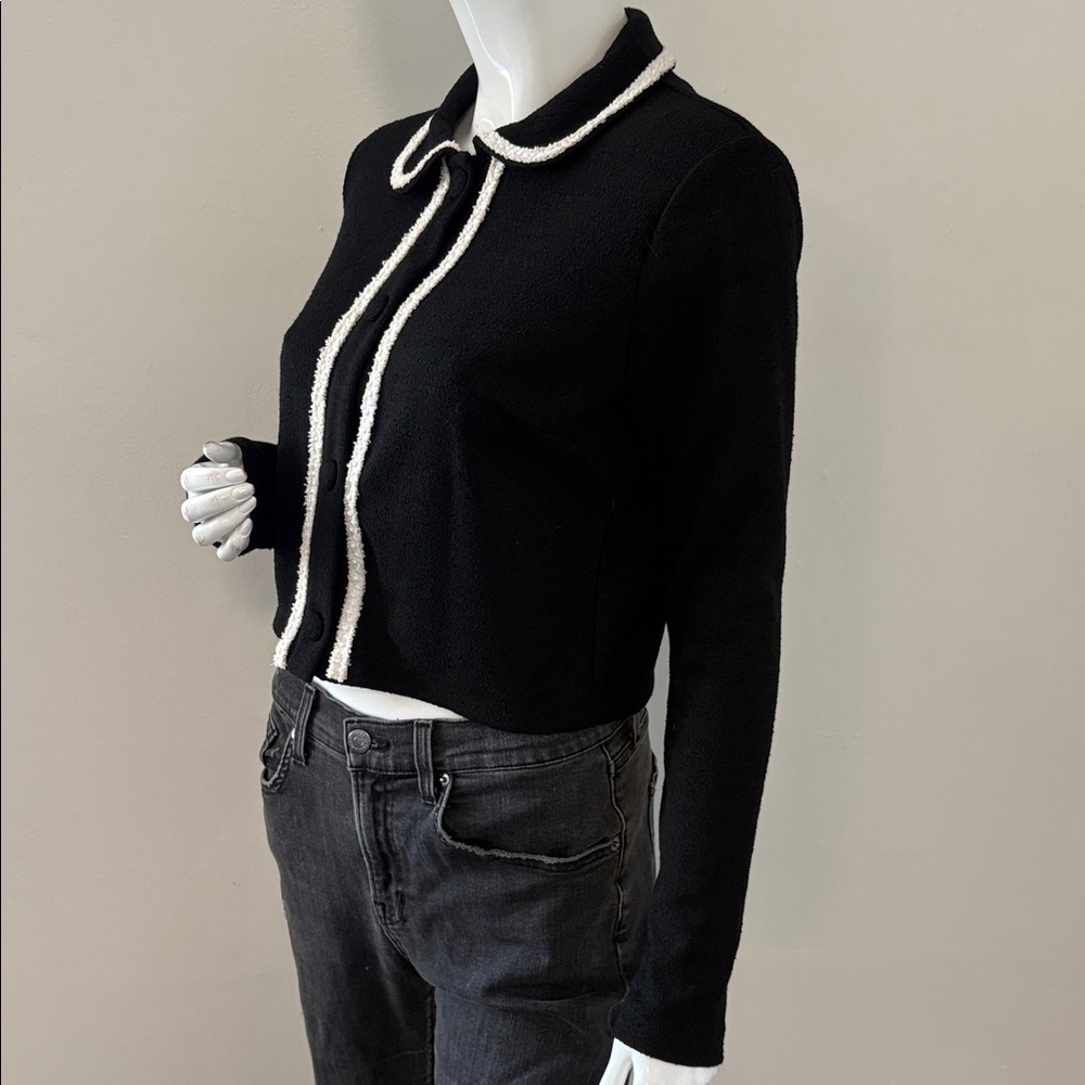 New Season H&M Black Boucle Cardigan w Peter Pan Collar Contrast Cream Stitching - Picture 4 of 6